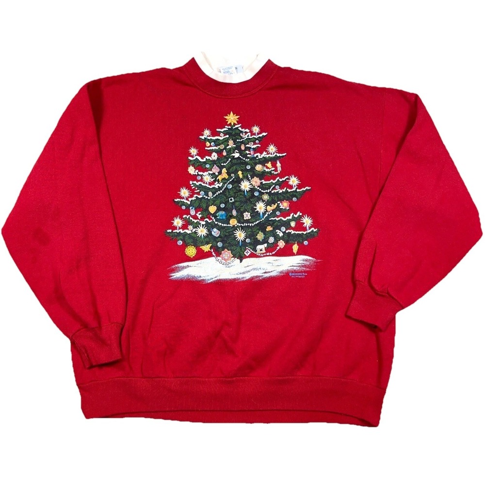 Vintage Christmas Sweatshirt Men XL Red Crewneck 80s 90s Tree Painting USA Adult